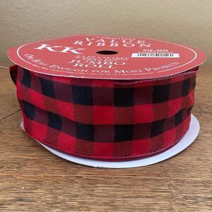 KK Black & Red Check Wire Ribbon One Roll. New! 2.5" 50 Feet Holidays Xmas Camp